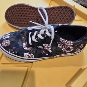 Vans Black and Pink Floral Checkered Sneakers